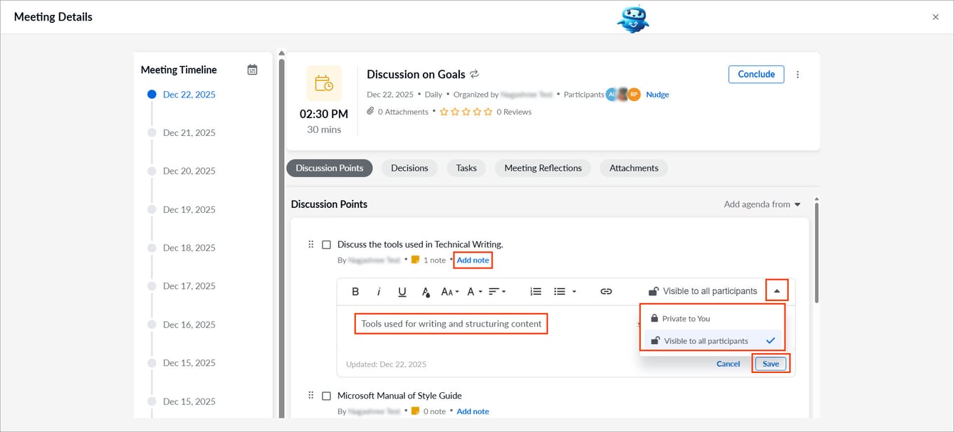 Add and manage notes within a discussion point