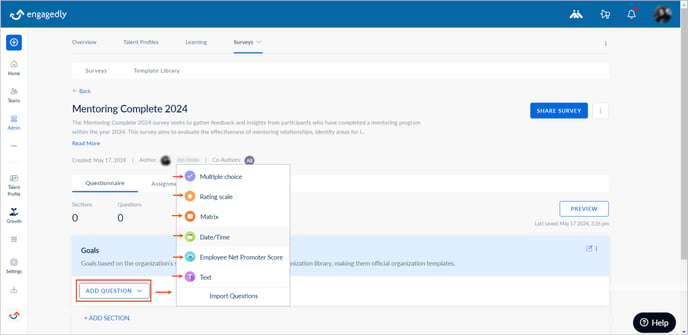 Add and manage sections and questions3