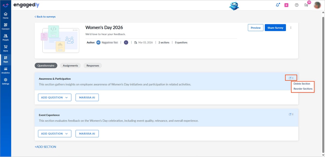 Add and manage sections in a survey