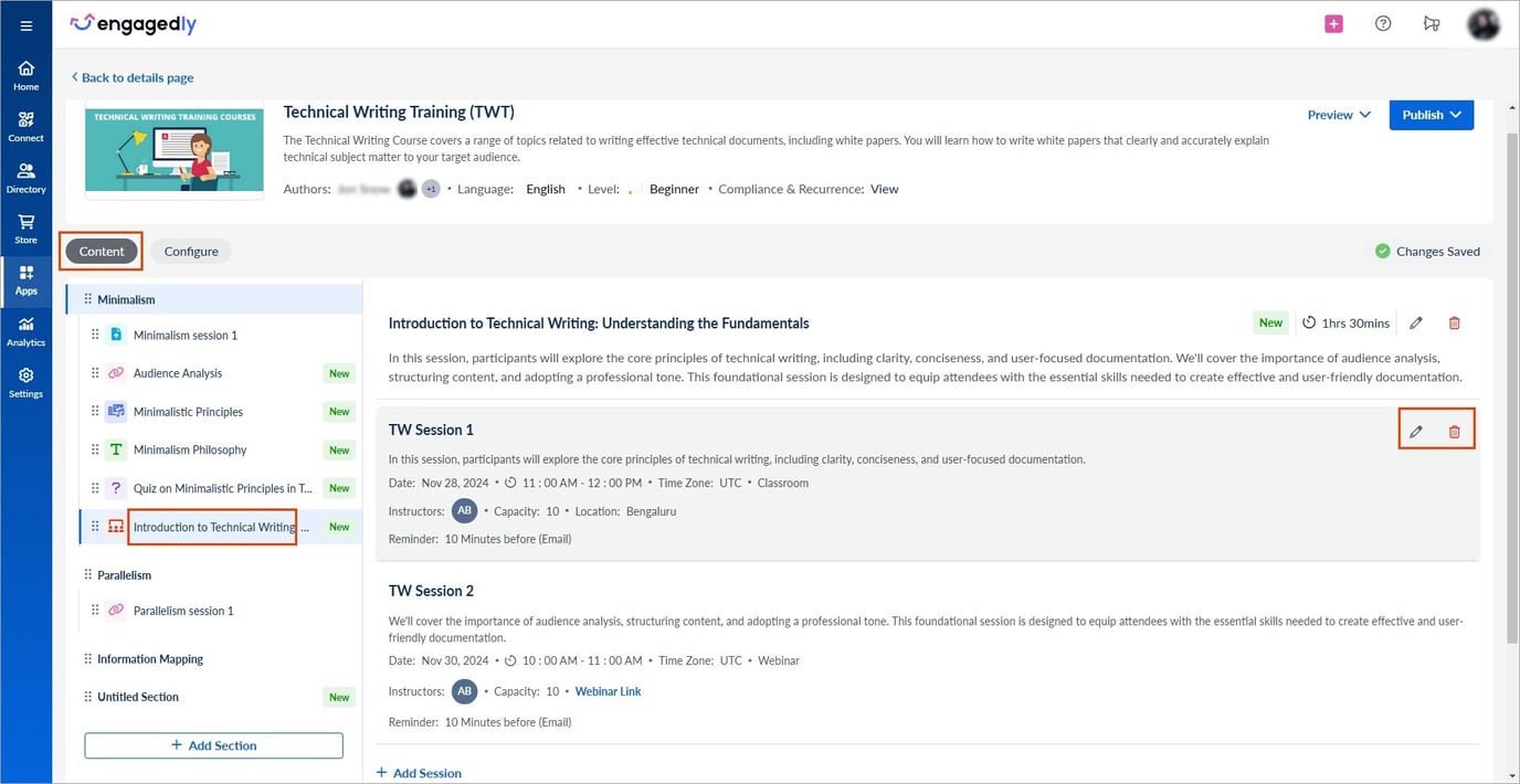 Add and manage sessions in training