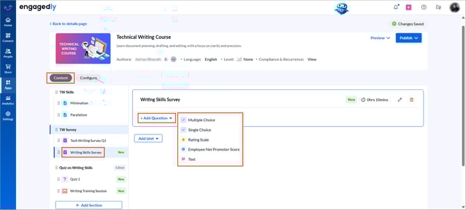 Add and manage survey questions in a learning1