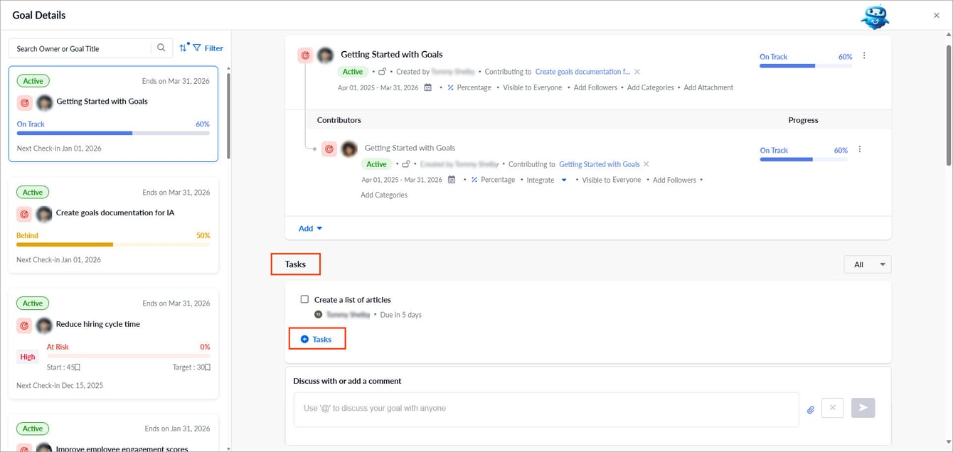 Add and manage tasks within a goal