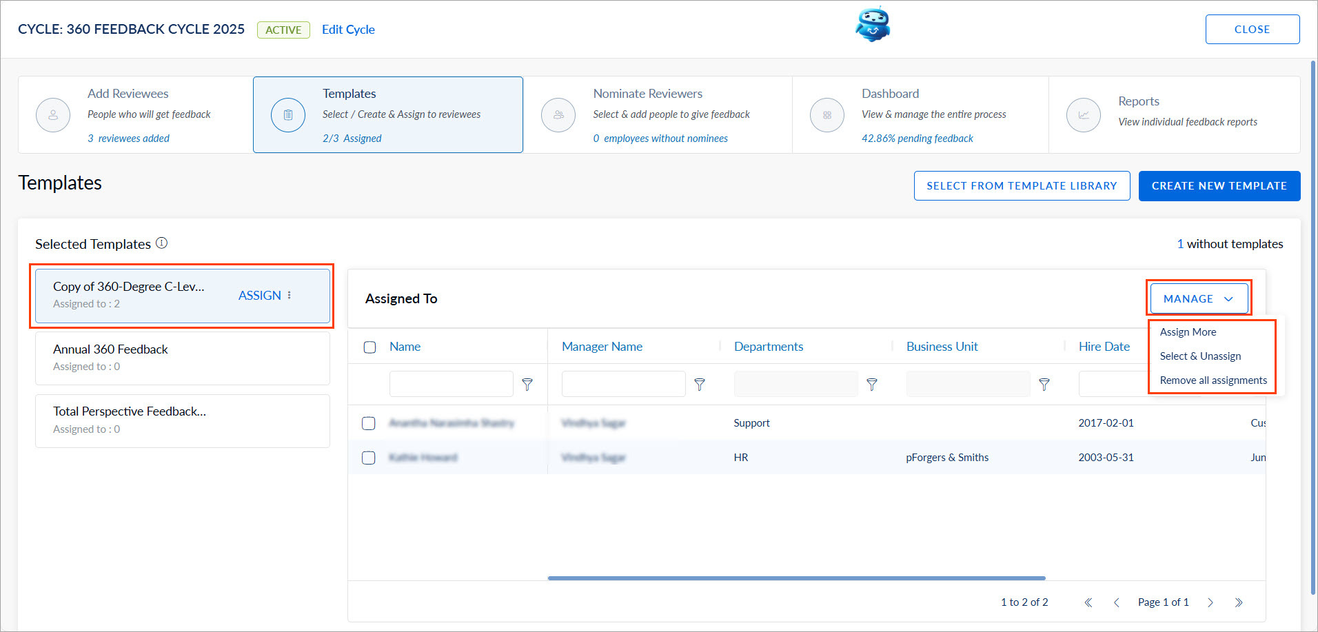 Assign a 360 feedback template to reviewees