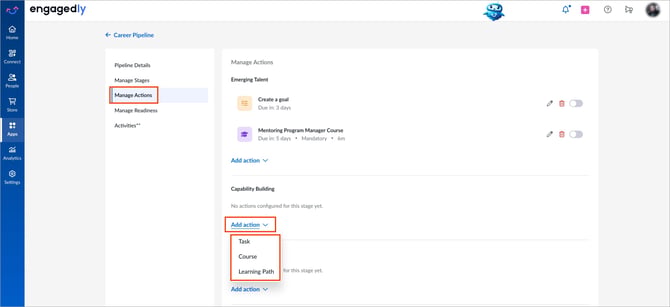 Configure manage actions for a stage2