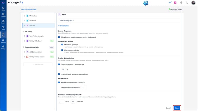 Configure quiz settings in learning1