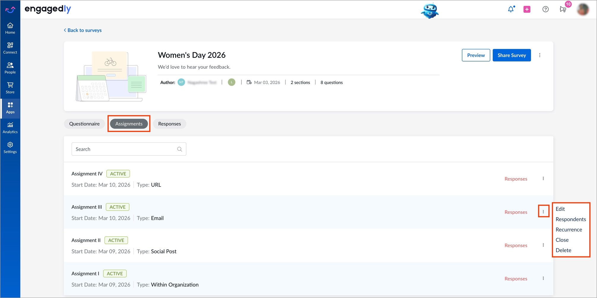 Manage assignments in a survey