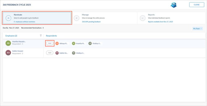Nomiate respondents for a 360 feedback cycle3