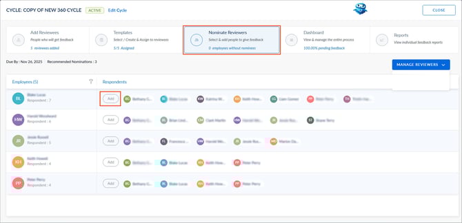 Nominate respondents for a 360 feedback cycle1