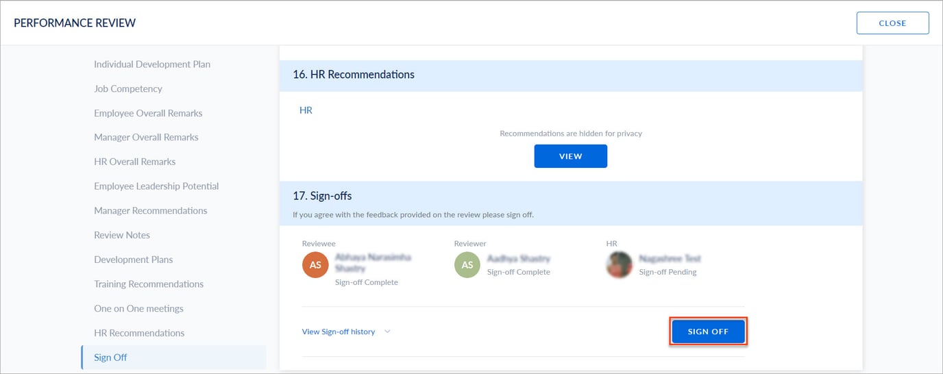 Sign-off performance reviews for employees
