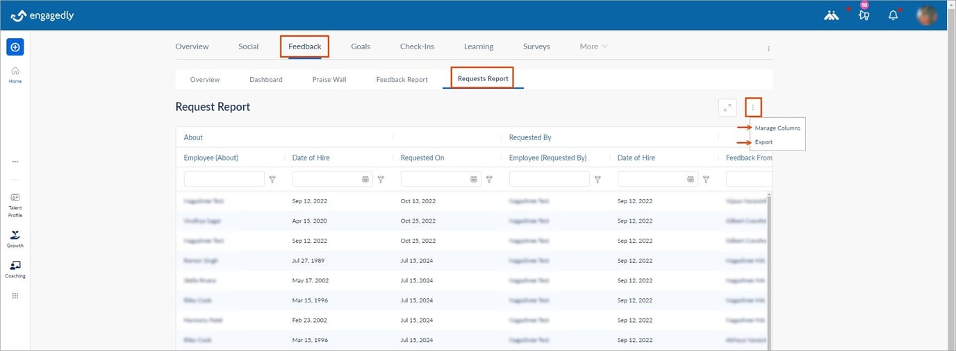 View and export feedback and request reports